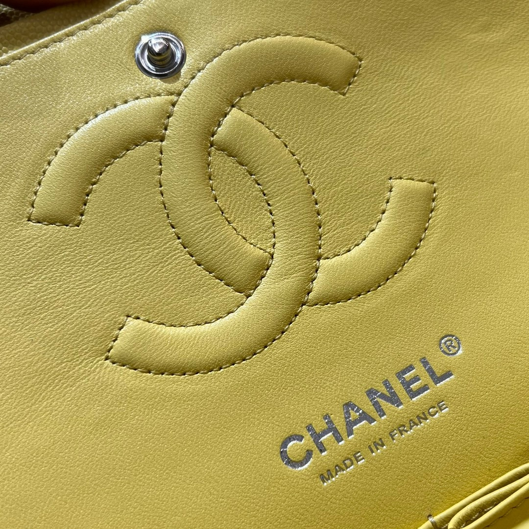 Ch*el classic handbag grained calfskin & silver - tone metal yellow 6×9.9×2.5in
