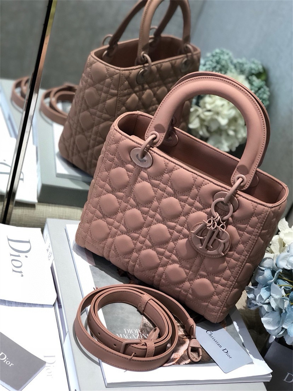 medium lady D*or bag 9.5 x 8 x 4.5 inches