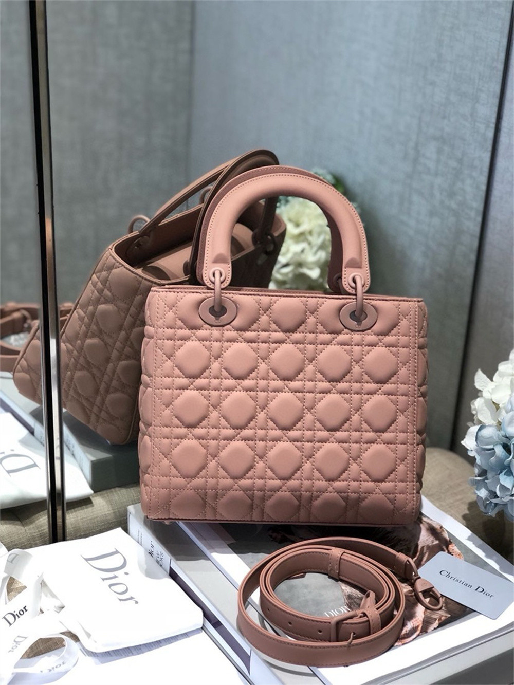 medium lady D*or bag 9.5 x 8 x 4.5 inches