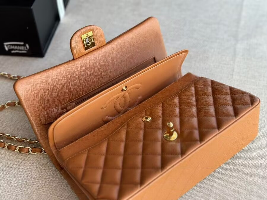 Ch*el classic handbag in grained litchi pattern calfskin & gold-tone metal 6 × 9.9 × 2.5 inches