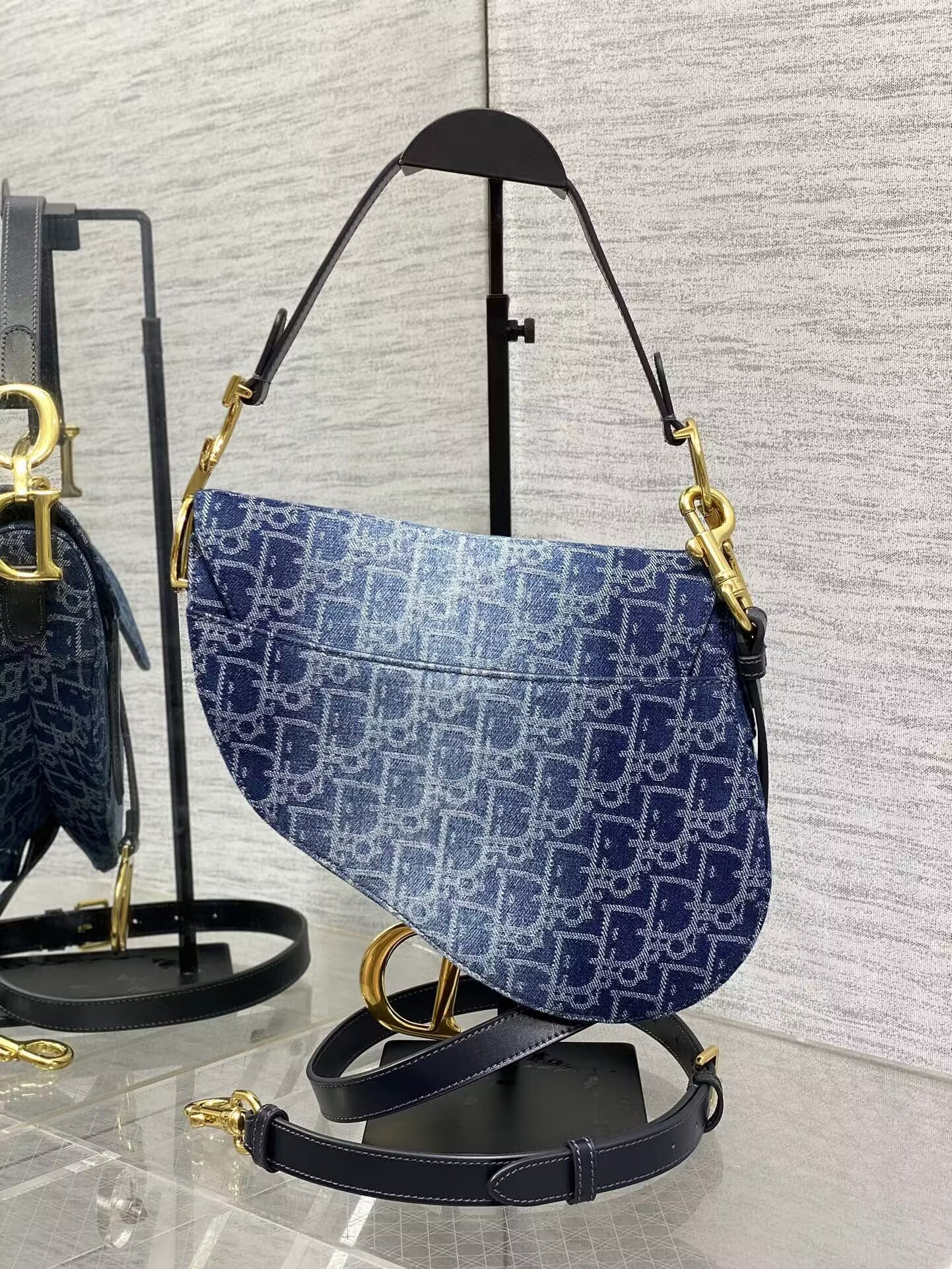 D*or saddle bag with strap  blue denim D*or oblique jacquard 25.5 x 20 x 6.5 cm
