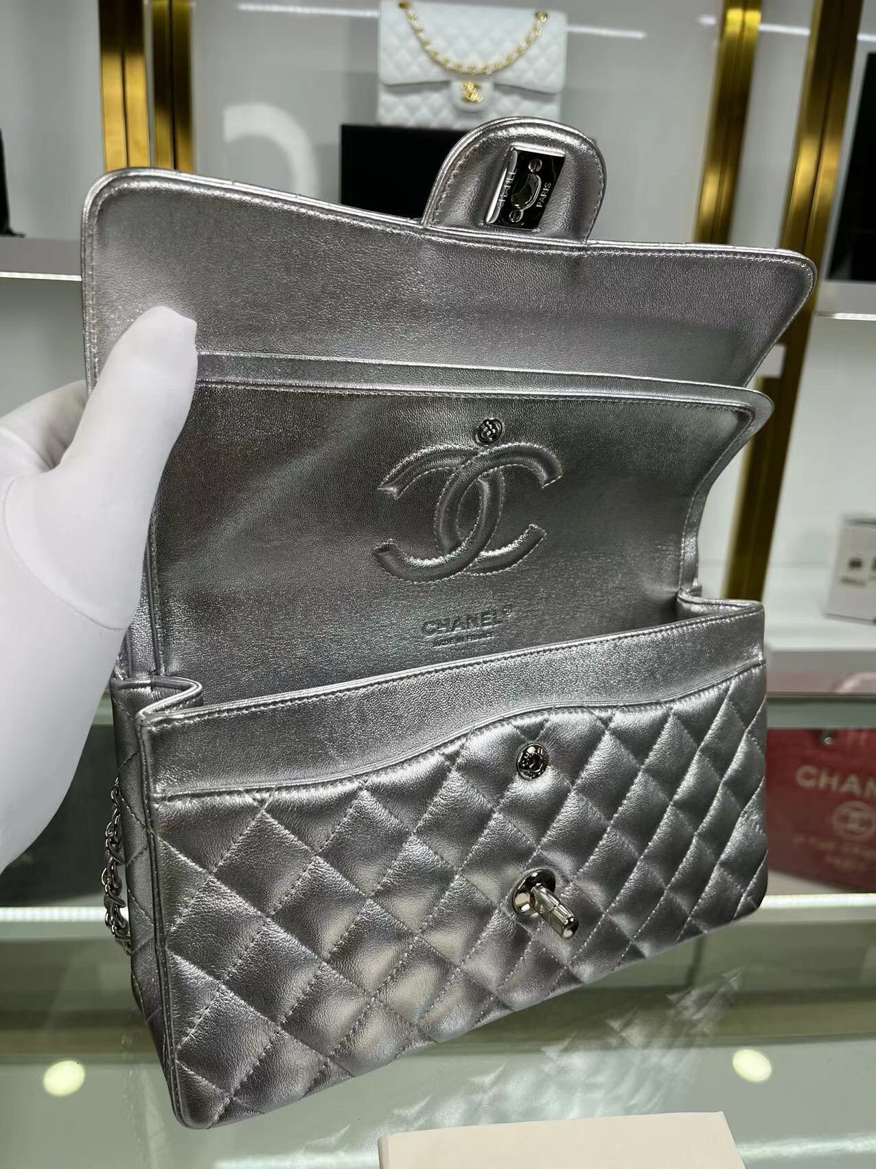 Ch*el classic flap a01112 silver 15.5×25.5×6.5cm