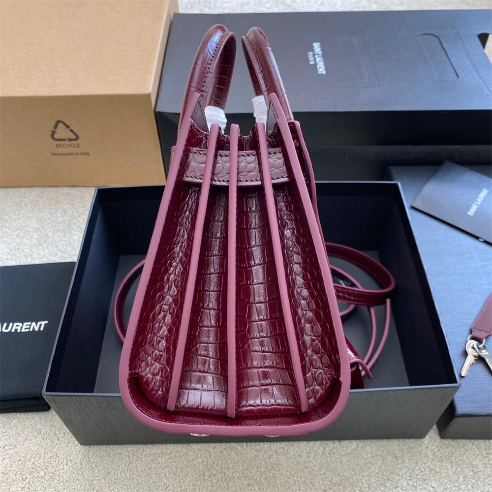 Y*L sac de jour nano in crocodile embossed leather rouge legion 8.6 x 6.8 x 3.5 inches
