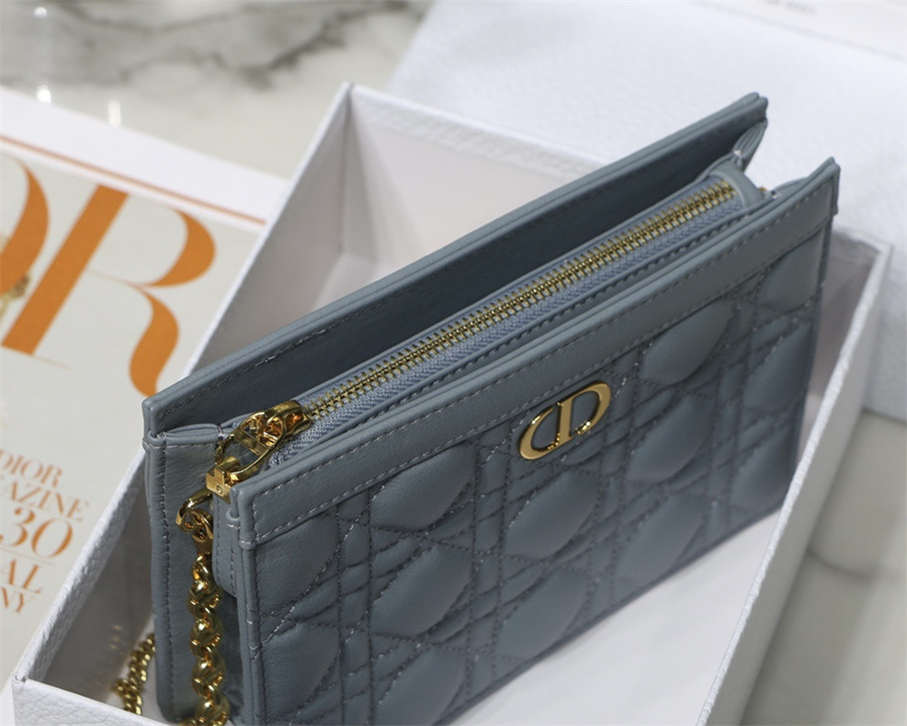 d*or caro zipped pouch with chain blue S*pple cannage calfskin 19 x 14 x 4.5 cm