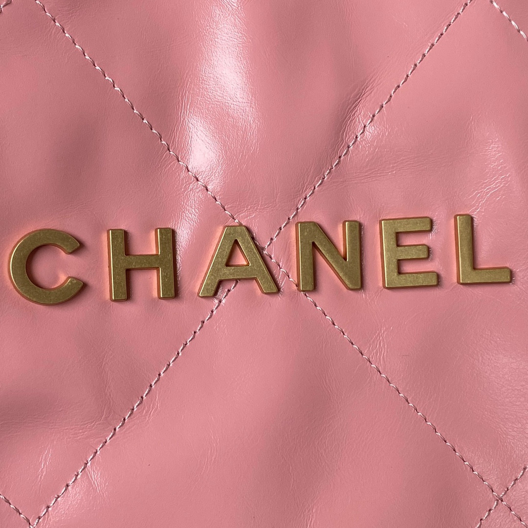 Ch*el 22 handbag shiny calfskin pink 30×45×8cm