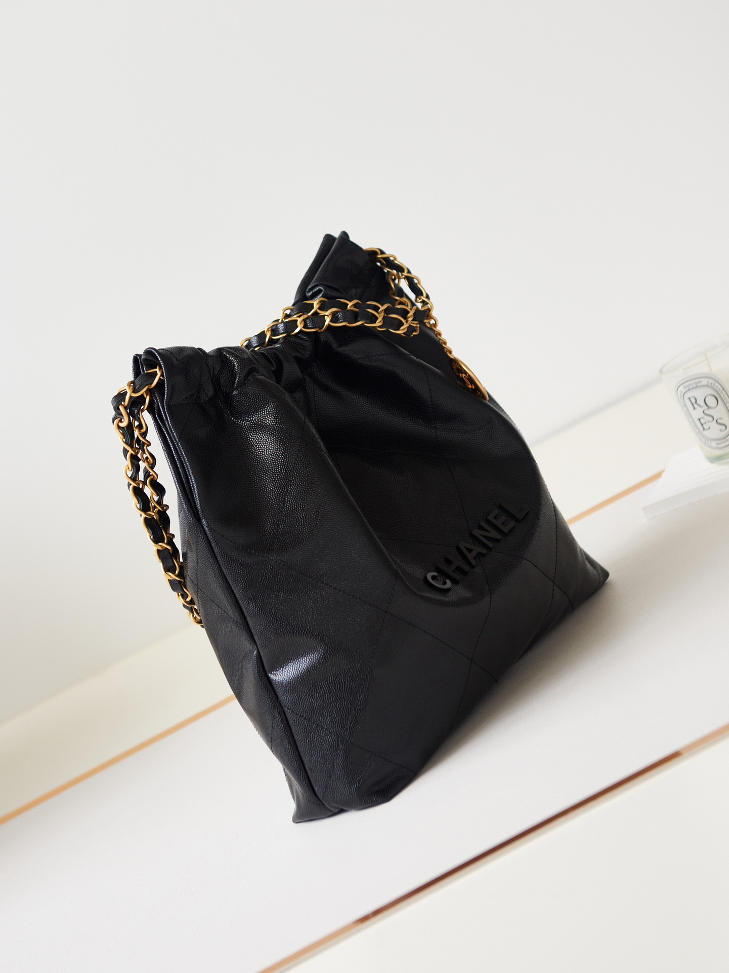 Ch*el 22 small handbag shiny calfskin & gold metal black 13.7×14.4×2.7 in