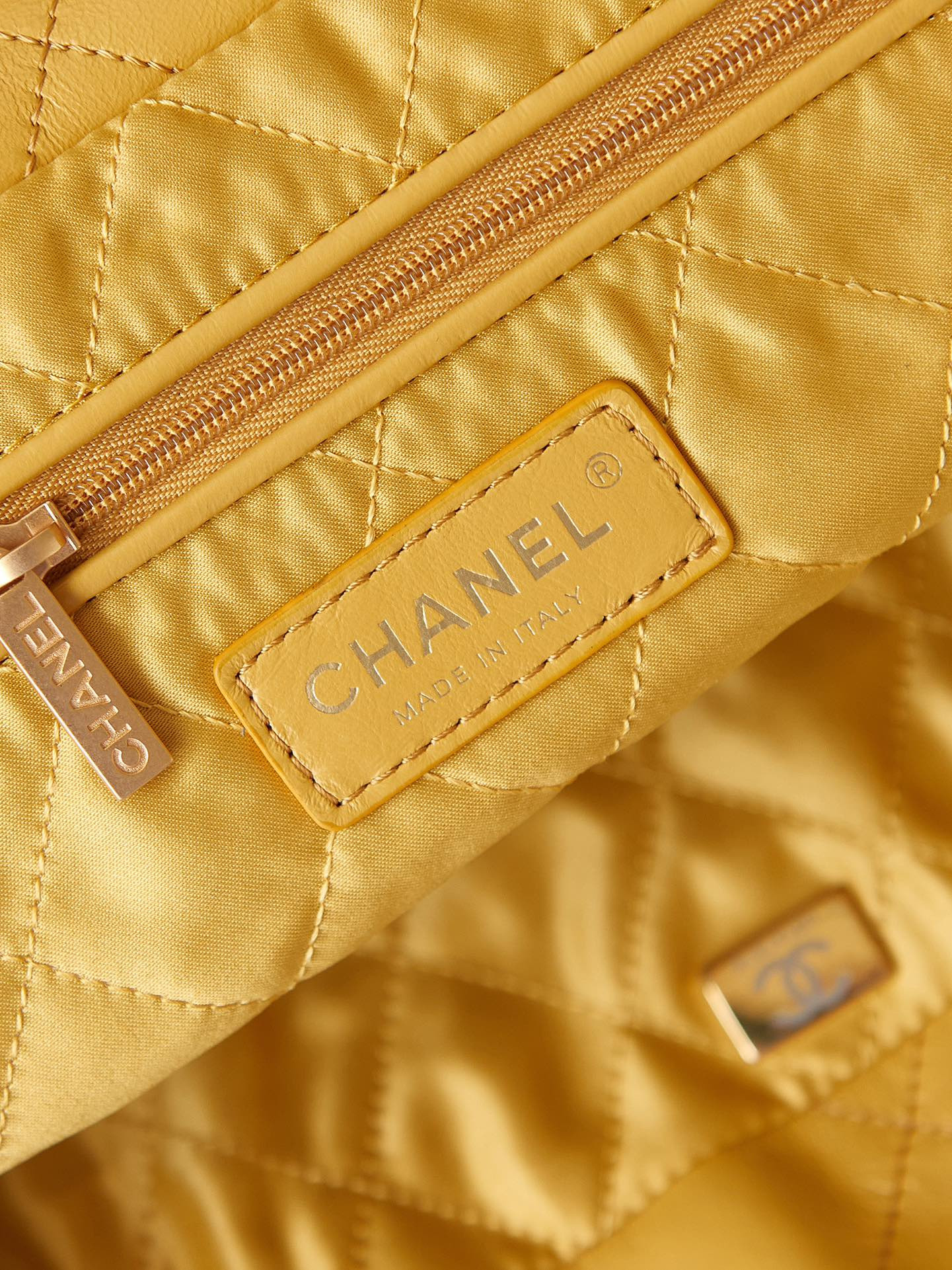 Ch*el 22 small handbag shiny calfskin yellow 15.2×16.4×3.1 in