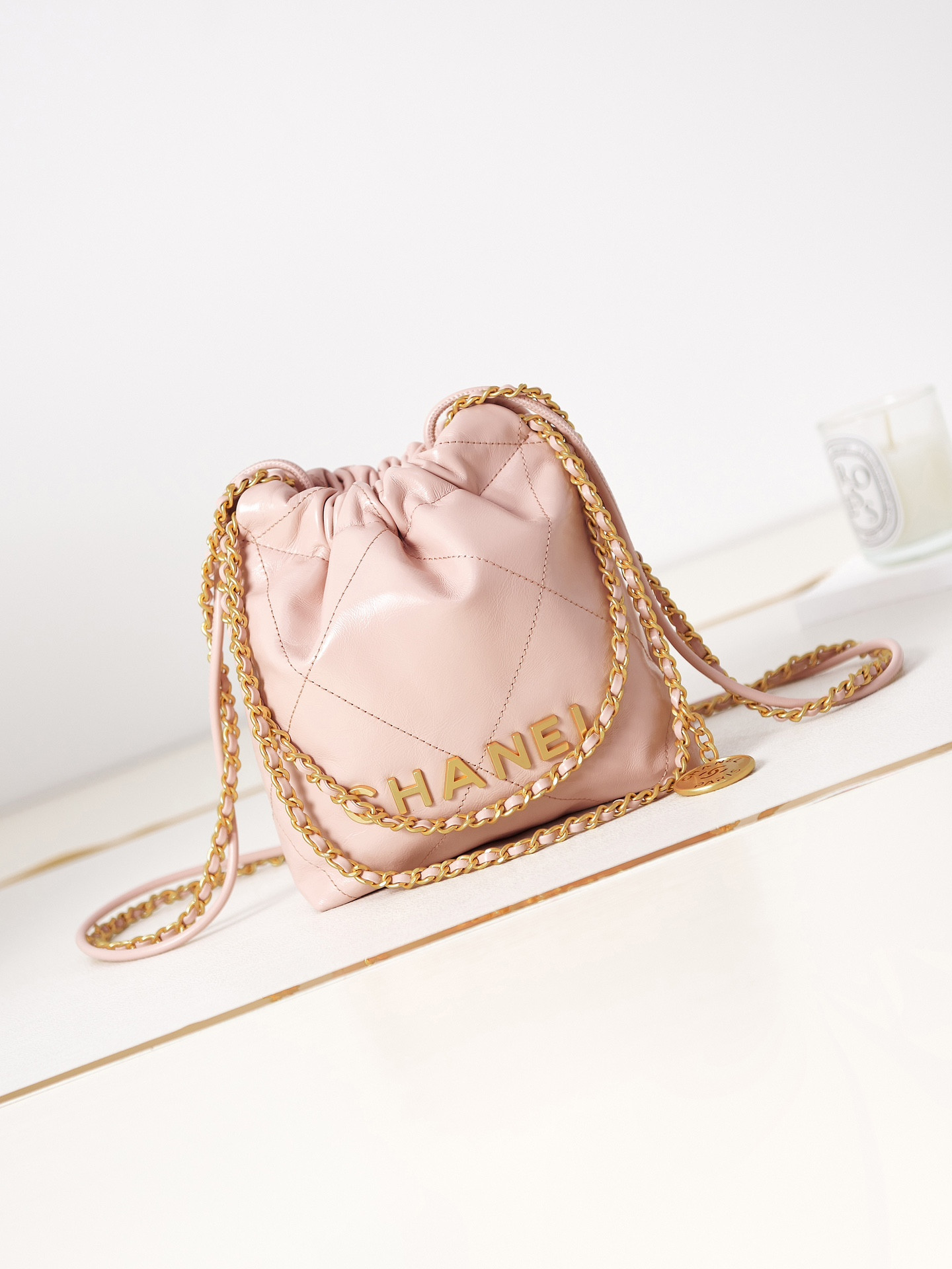 Ch*el 22 mini handbag shiny calfskin pink 7.8 × 7.4 × 2.3 in