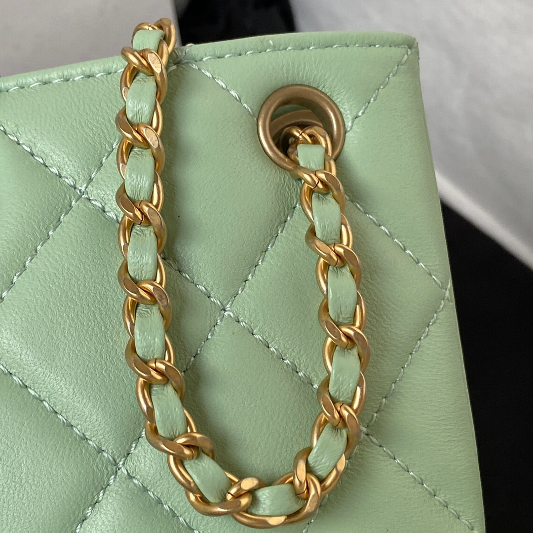 Ch*el baguette bag light green 4.5 × 9.4 × 1.8 in