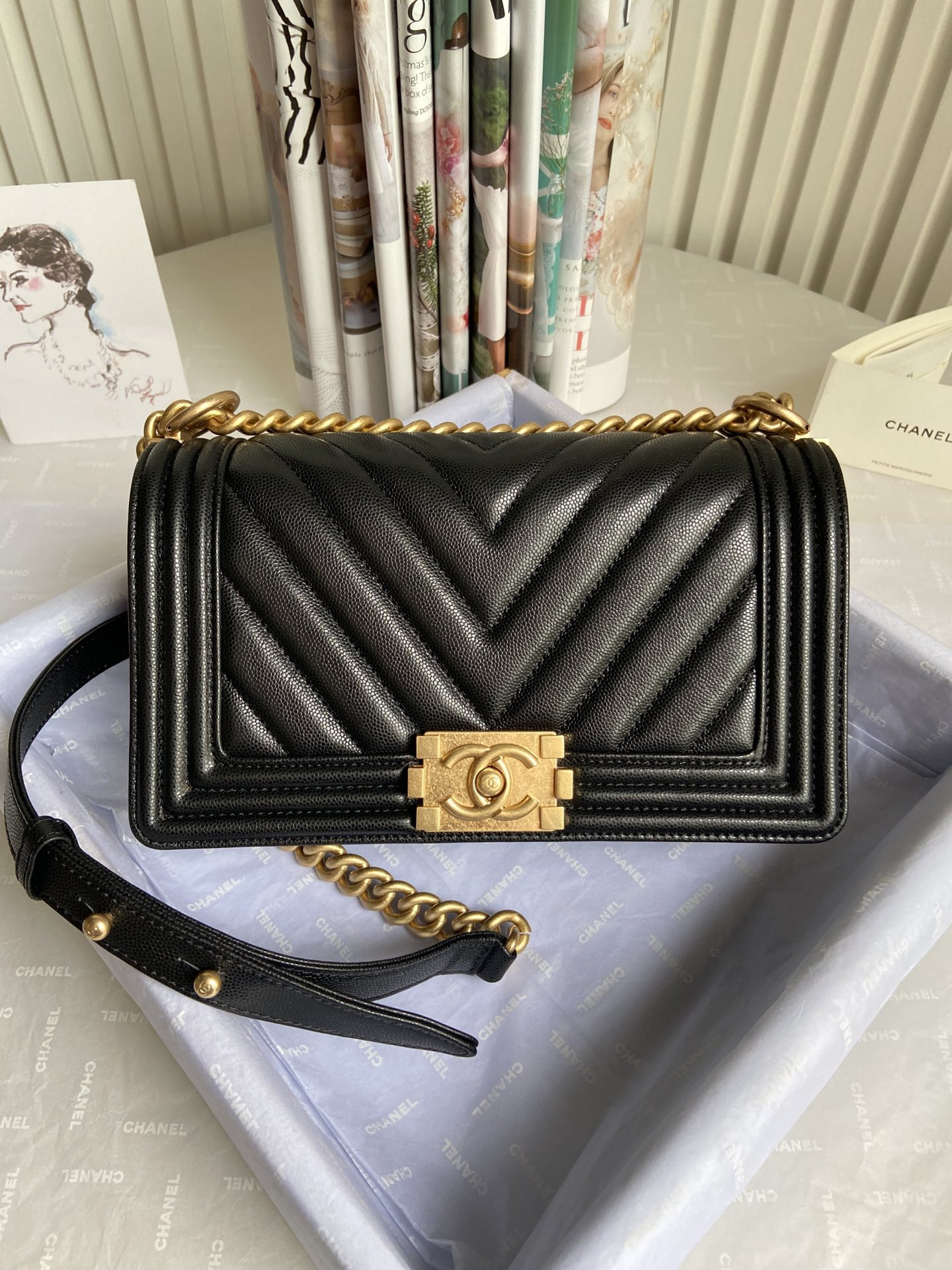 boy Ch*el handbag shiny grained calfskin black 5.9 × 9.8 × 3.5 in
