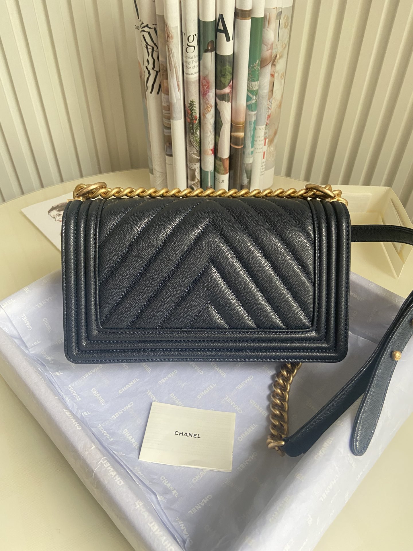boy Ch*el handbag shiny grained calfskin & gold-tone metal navy 5.9 × 9.8 × 3.5 in