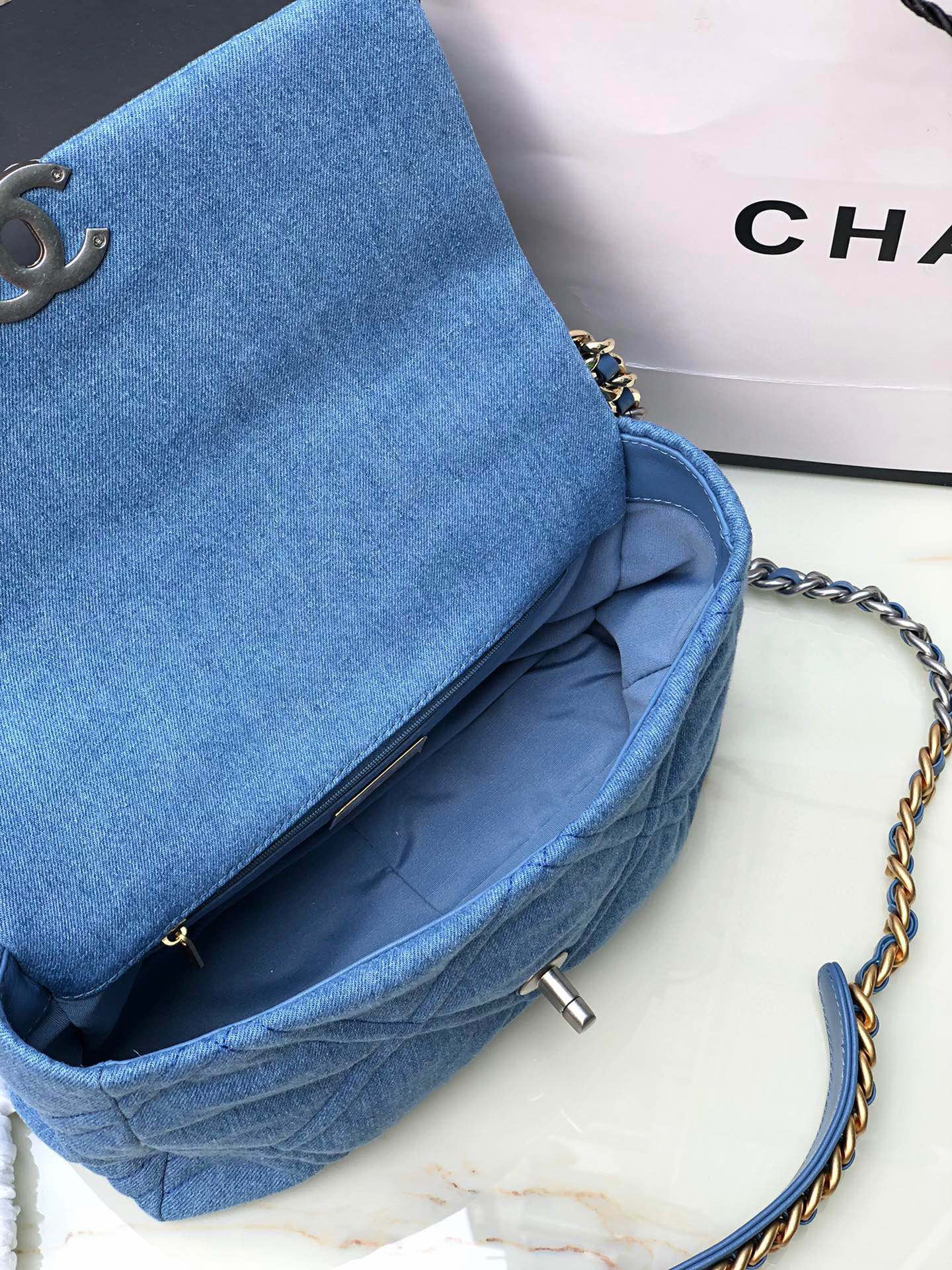 Ch*el 19 large handbag, gold-tone, silver-tone & ruthenium-finish metal blue 7.8 × 11.7 × 3.9 in