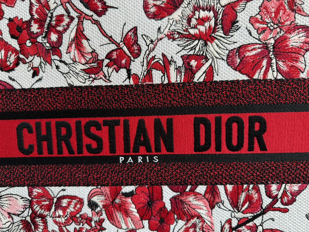 large D*or book tote white and red le cŒur des papillons embroidery 16.5 x 14 x 7.5 inches