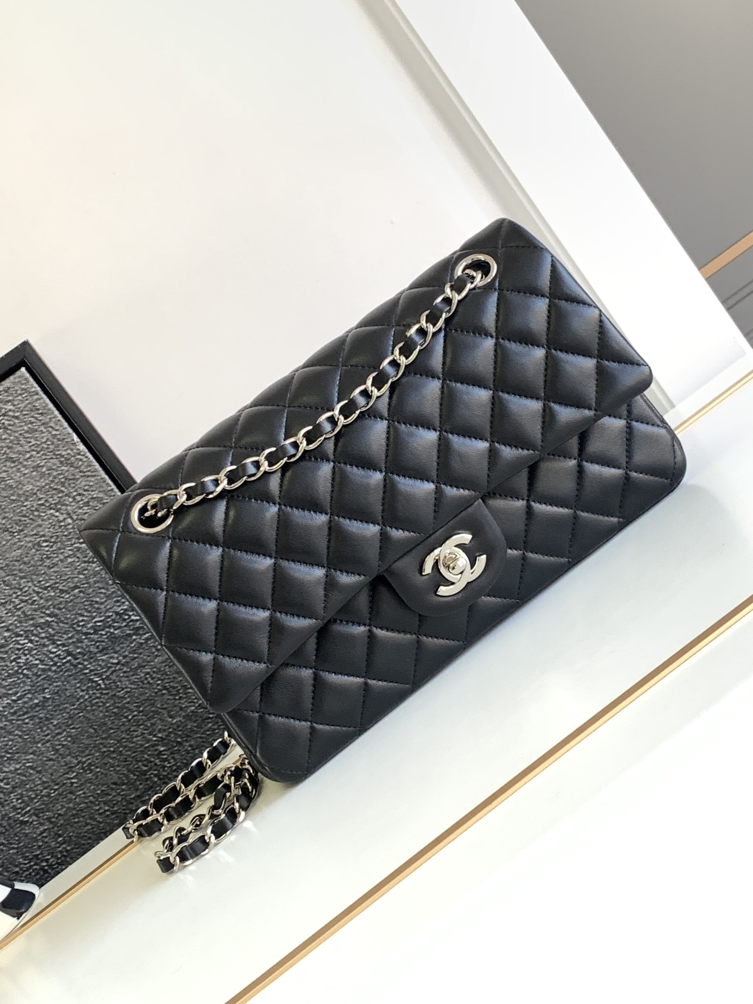 Ch*el classic handbag grained shiny calfskin & silver-tone metal black 6 × 9.9 × 2.5 in