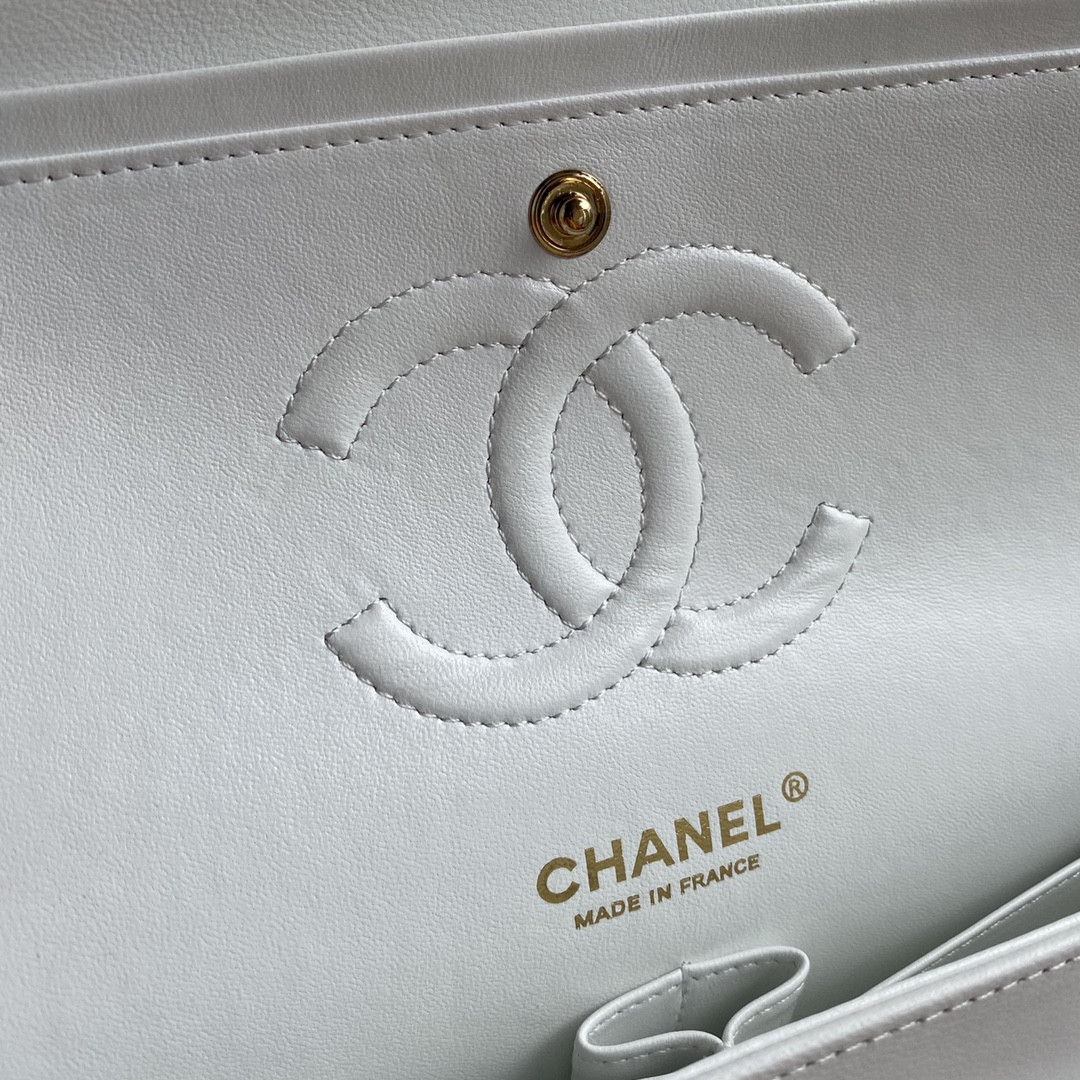 Ch*el classic handbag grained shiny calfskin & gold-tone metal white 6 × 9.9 × 2.5 in