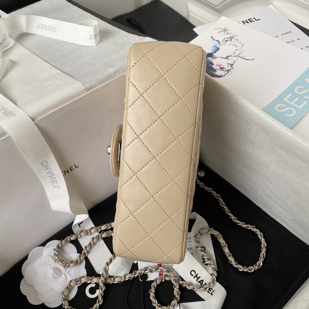 Ch*el mini flap bag shiny calfskin & silver-tone metal light beige 4.7 × 7.8 × 2.3 in