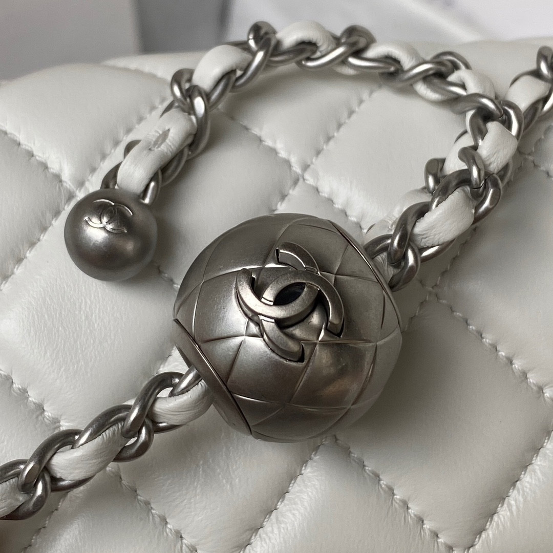 Ch*el mini flap bag shiny calfskin & silver-tone metal white 5.3 × 6.6 × 3.1 in