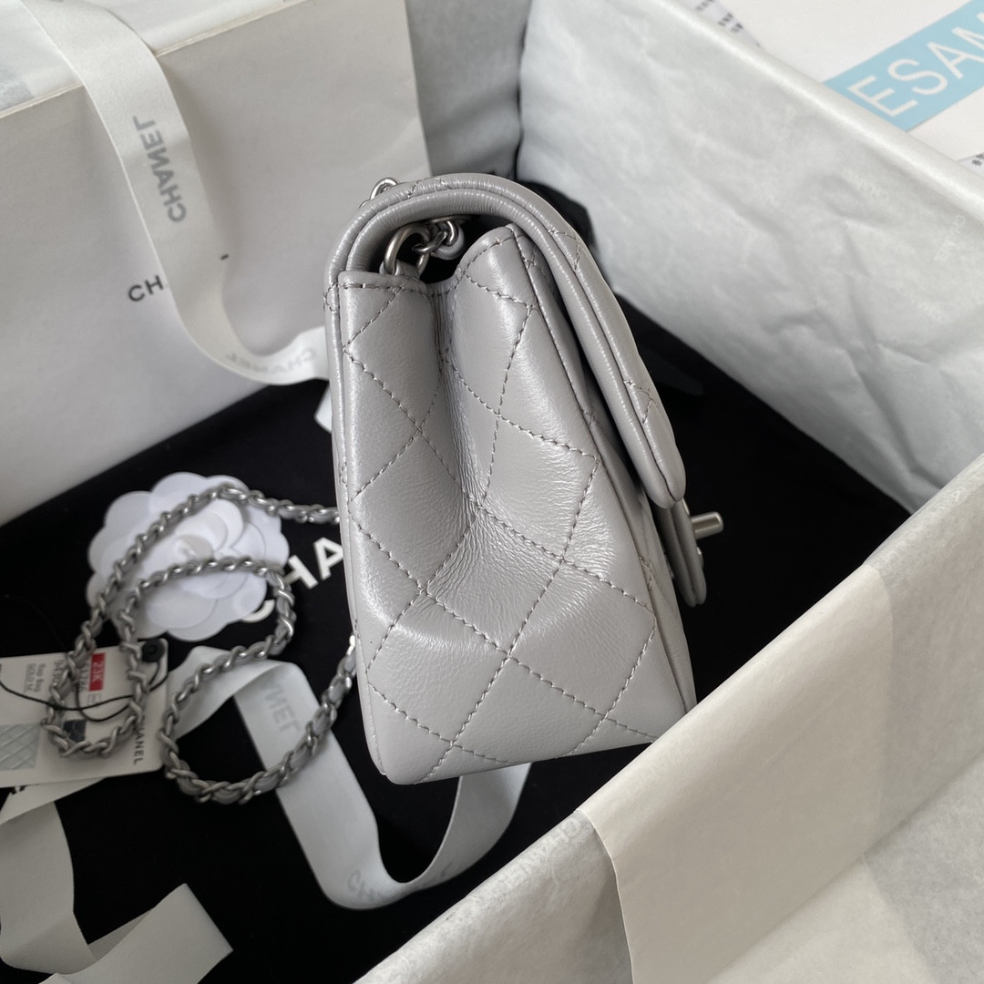 Ch*el mini flap bag shiny calfskin & silver-tone metal light gray 5.3 × 6.6 × 3.1 in