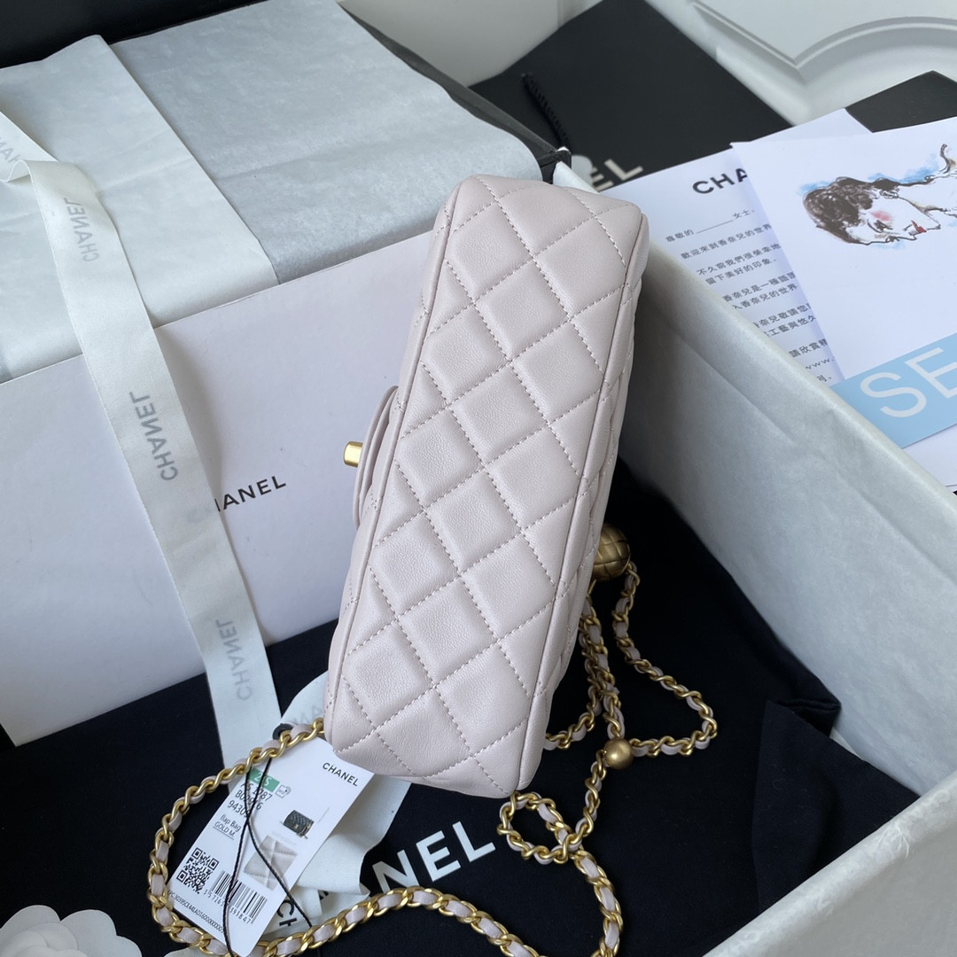 Ch*el mini flap bag shiny calfskin & gold-tone metal light pink 4.7 × 7.8 × 2.3 in