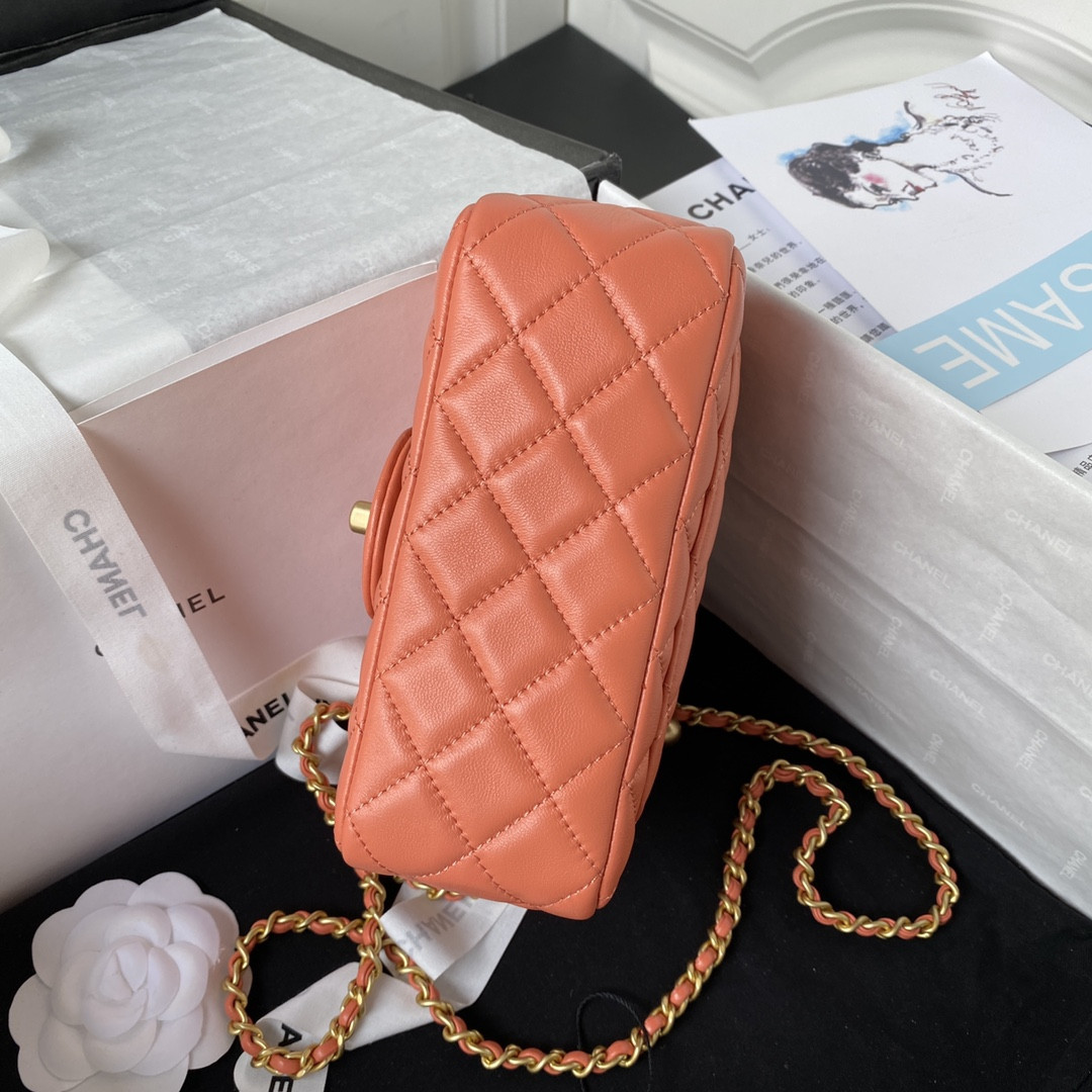 Ch*el mini flap bag shiny calfskin & gold-tone metal orange 5.3 × 6.6 × 3.1 in