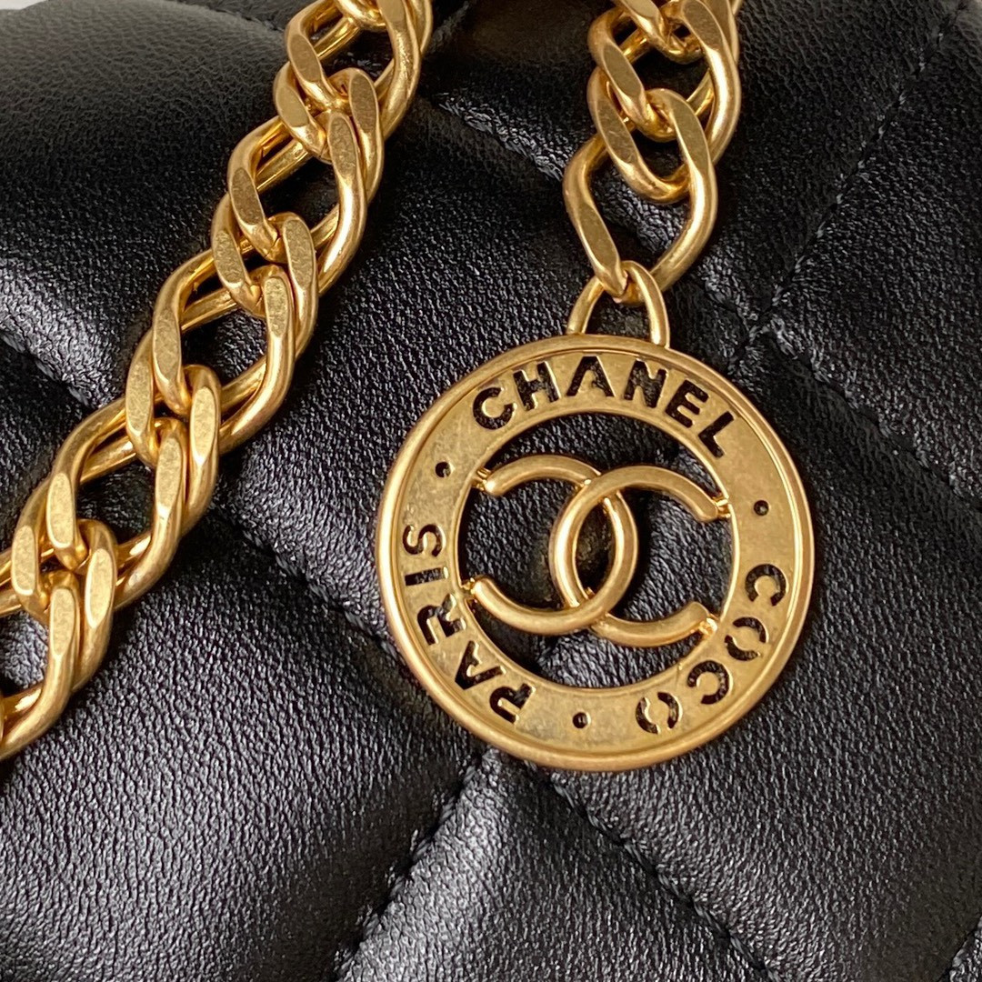 Ch*el small classic handbag grained shiny calfskin & gold-tone metal black 5.7 × 9 × 2.3 in