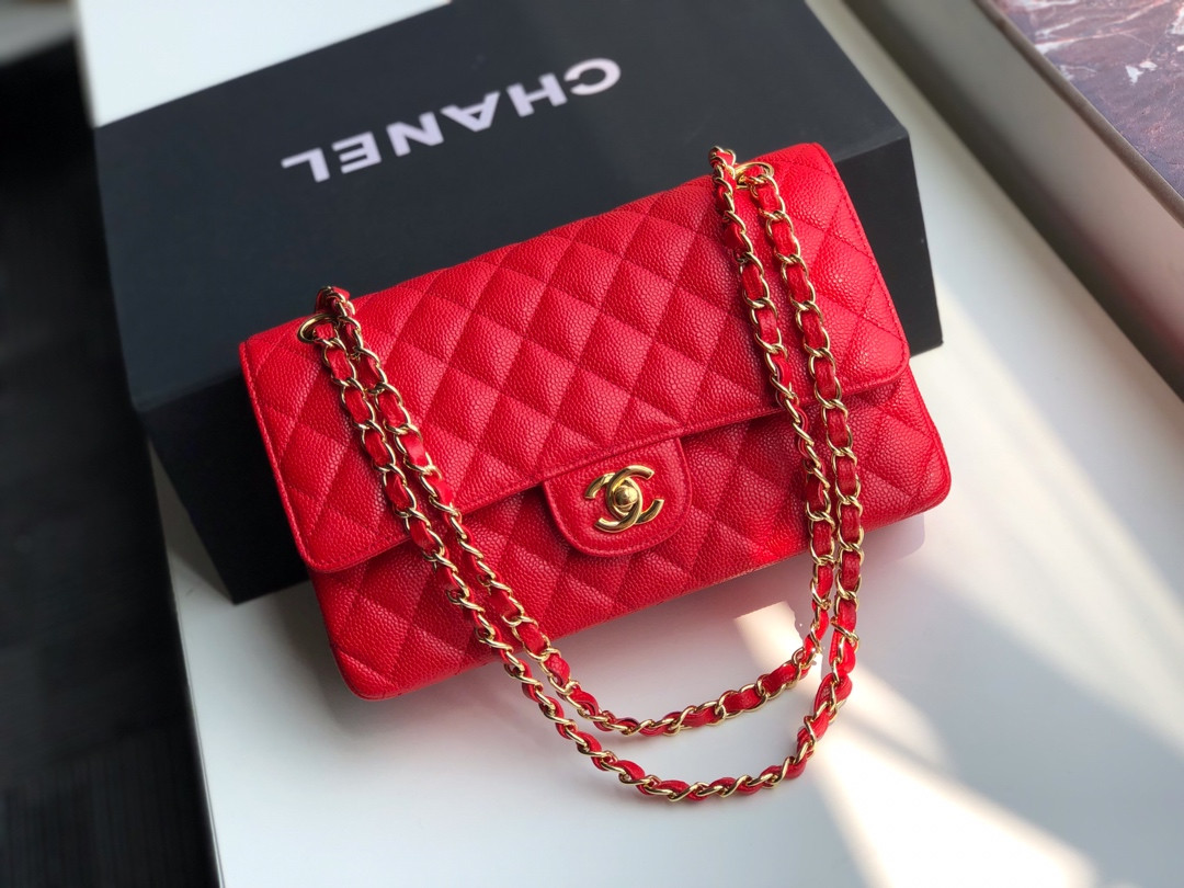 Ch*el classic handbag grained calfskin & gold-tone metal shiny red 6 × 9.9 × 2.5 in