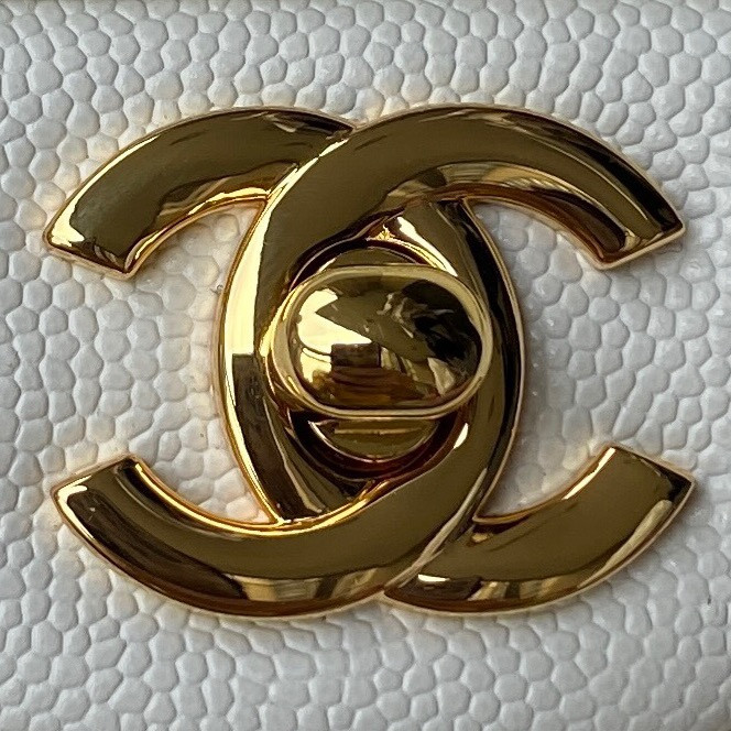 Ch*el small classic handbag grained calfskin & gold-tone metal white 5.7 × 9 × 2.3 in