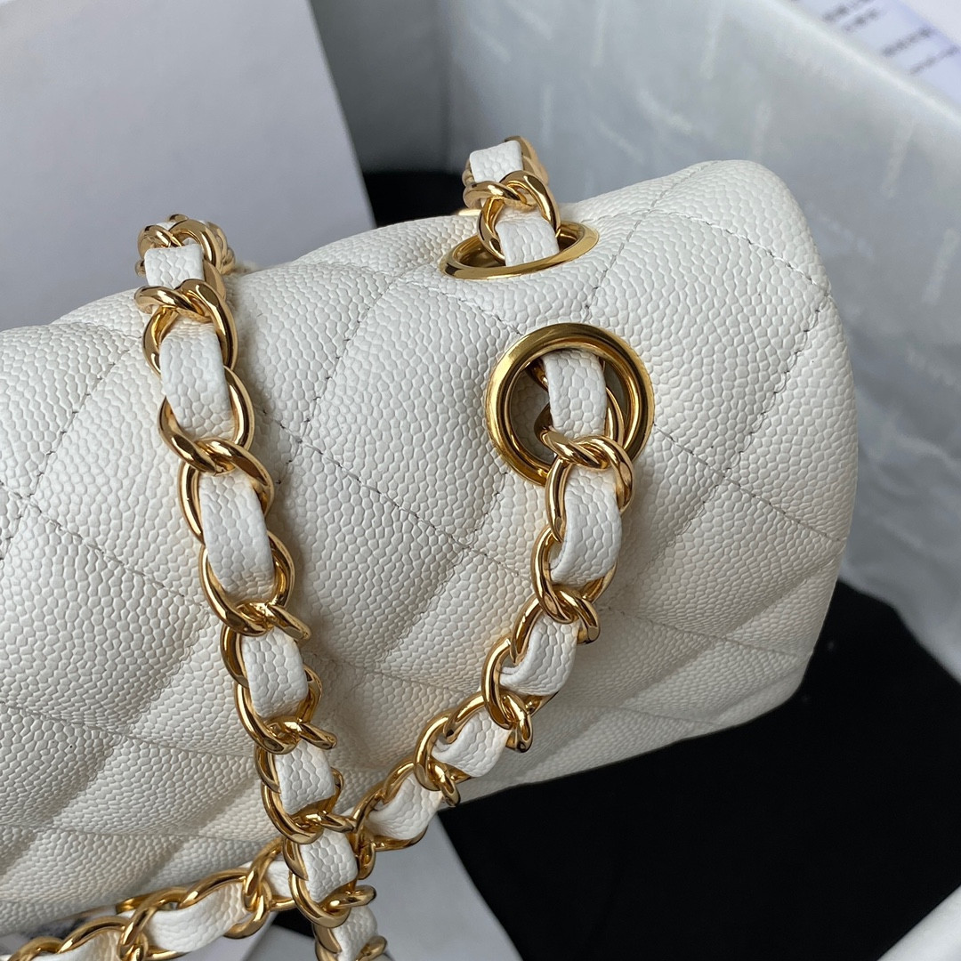 Ch*el small classic handbag grained calfskin & gold-tone metal white 5.7 × 9 × 2.3 in
