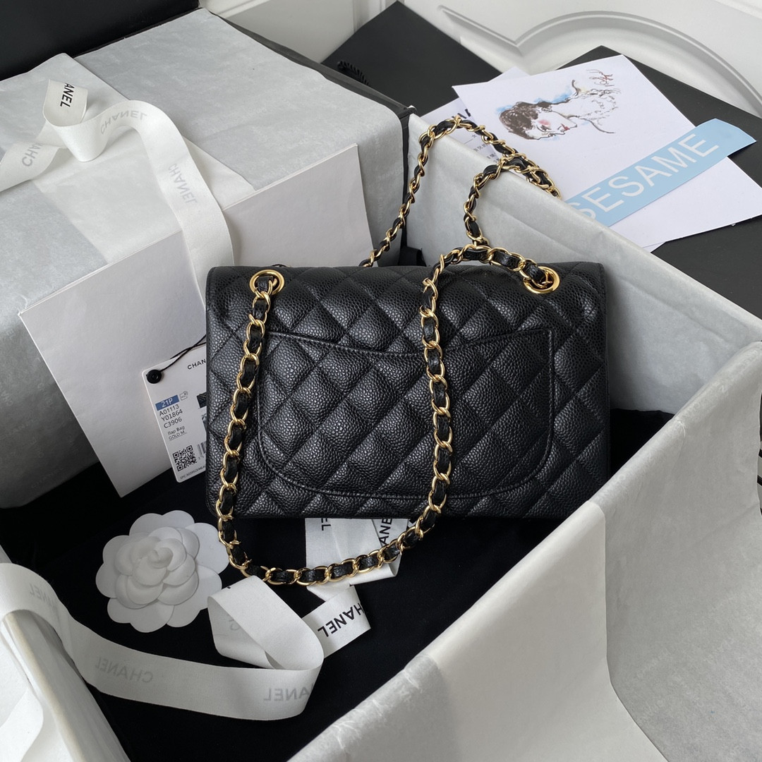 Ch*el small classic handbag grained calfskin & gold-tone metal black 5.7 × 9 × 2.3 in