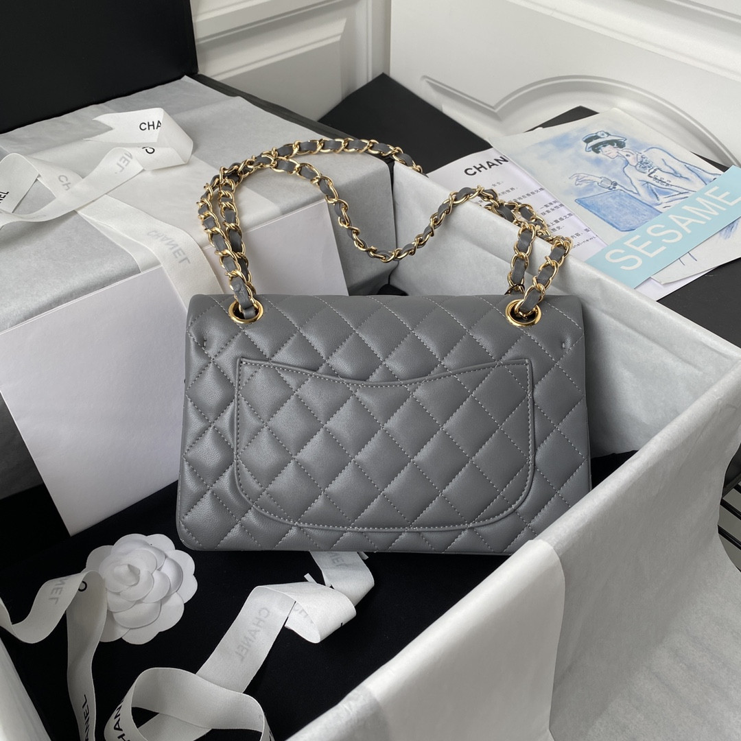 Ch*el small classic handbag grained shiny calfskin & gold-tone metal gray 5.7 × 9 × 2.3 in