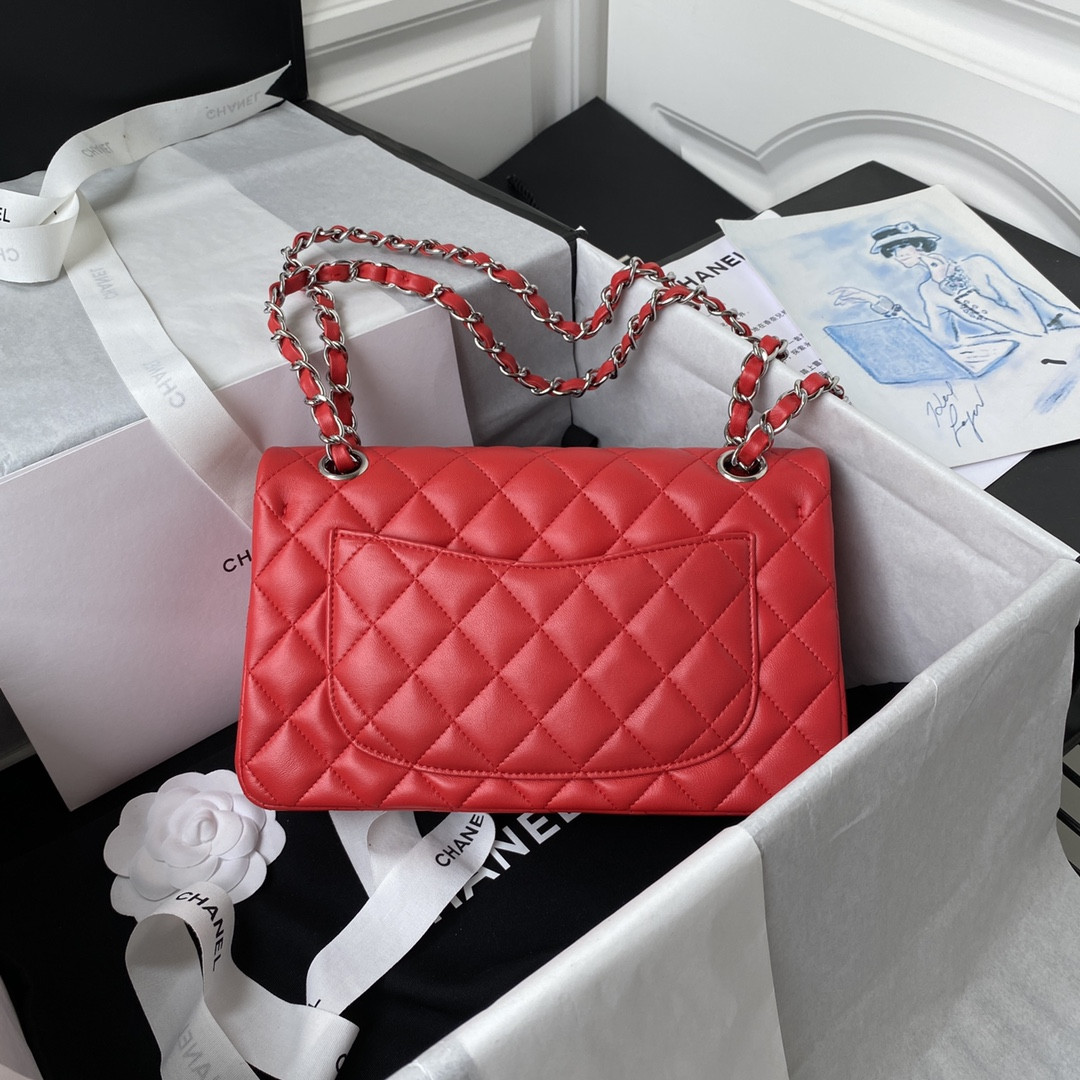 Ch*el small classic handbag lambskin & silver-tone metal red 5.7 × 9 × 2.3 in