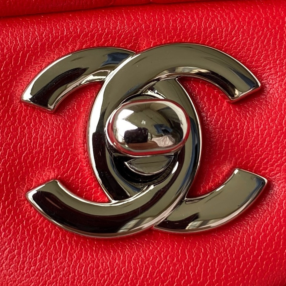 Ch*el small classic handbag lambskin & silver-tone metal red 5.7 × 9 × 2.3 in