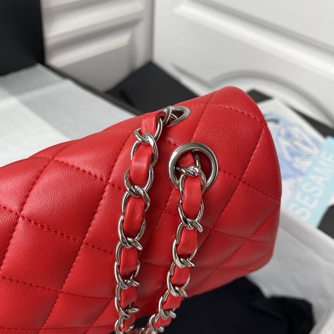 Ch*el small classic handbag lambskin & silver-tone metal red 5.7 × 9 × 2.3 in