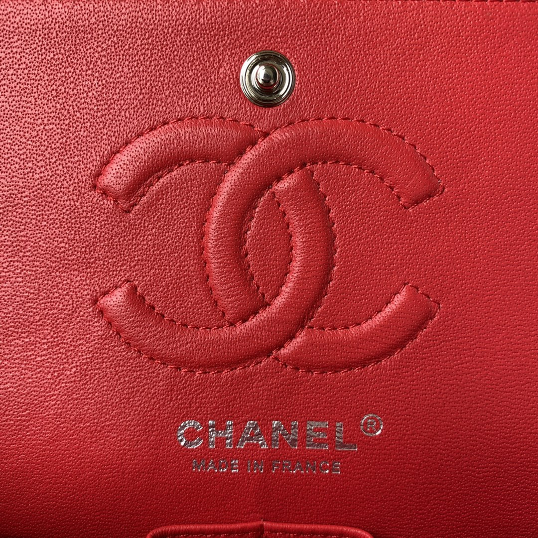 Ch*el small classic handbag lambskin & silver-tone metal red 5.7 × 9 × 2.3 in