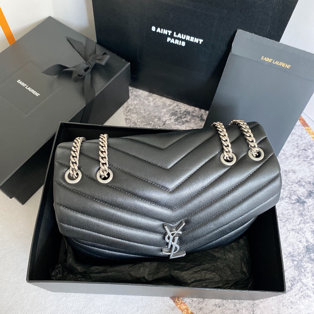 Y*L loulou medium in quilted leather black silver 12.5 x 8.6 x 3.5 inches