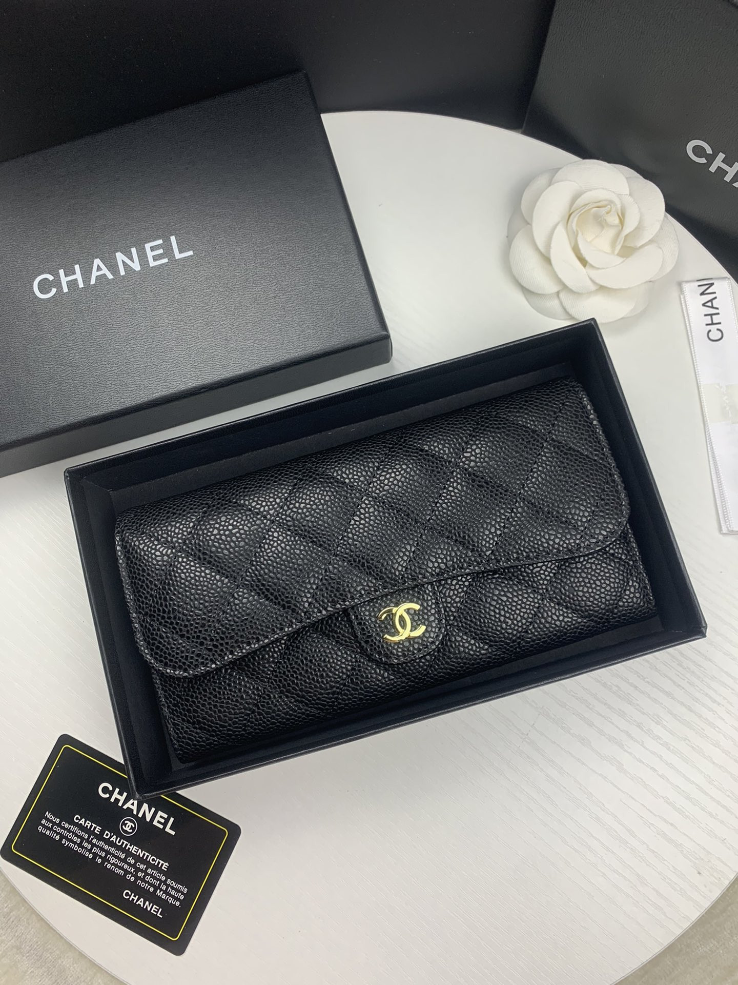 Ch*el flap wallet grained leather black gold 19.5 x10 cm