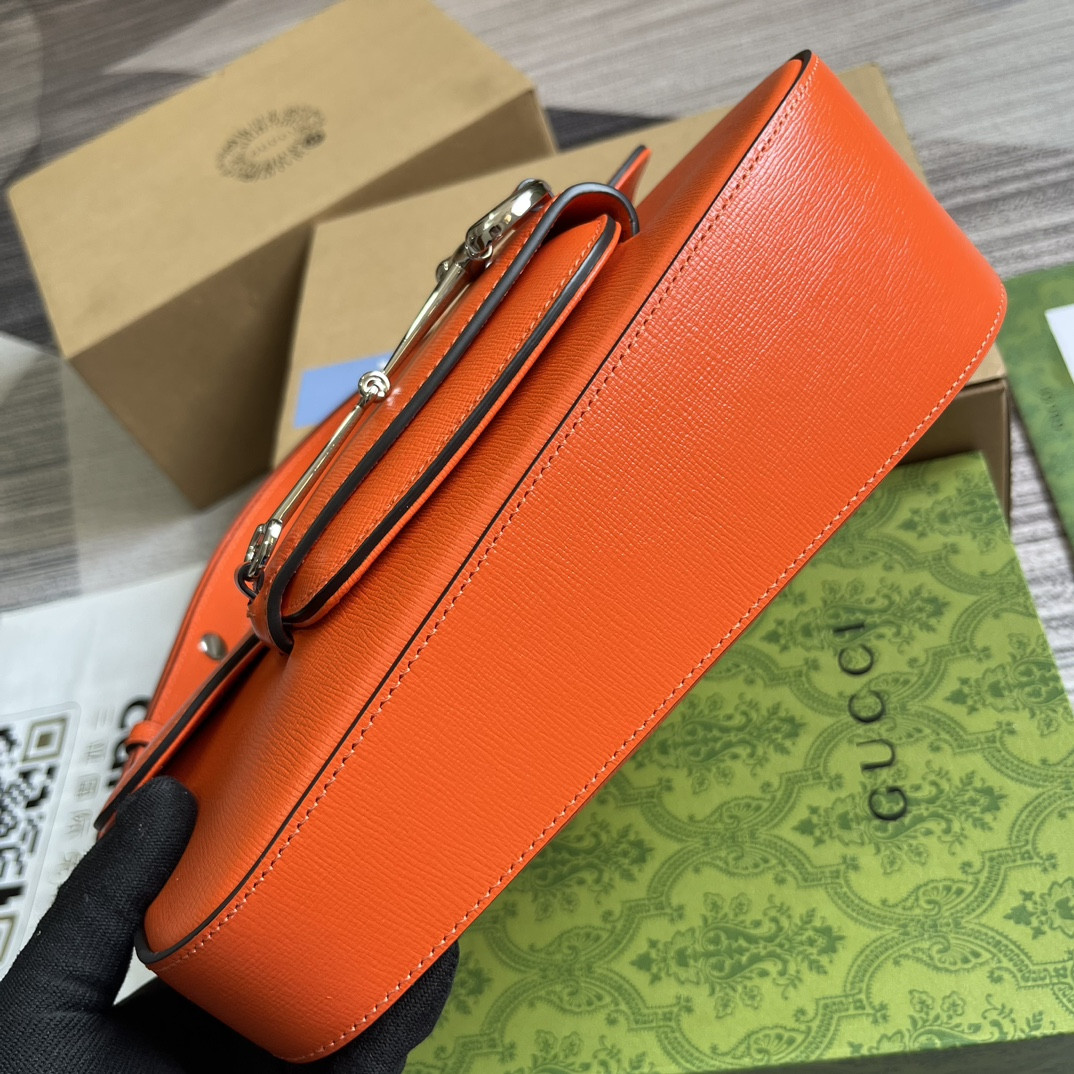 G*u*i horsebit 1955 small shoulder bag orange 10.4"w x 6.7-4.1"h x 3.1-1.6"d
