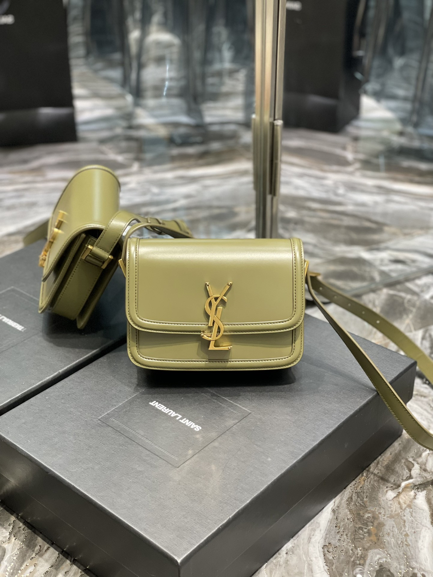 y*l solferino small satchel in box Sa**t Lau*nt avocado green 7.4 x 5.1 x 1.9 inches