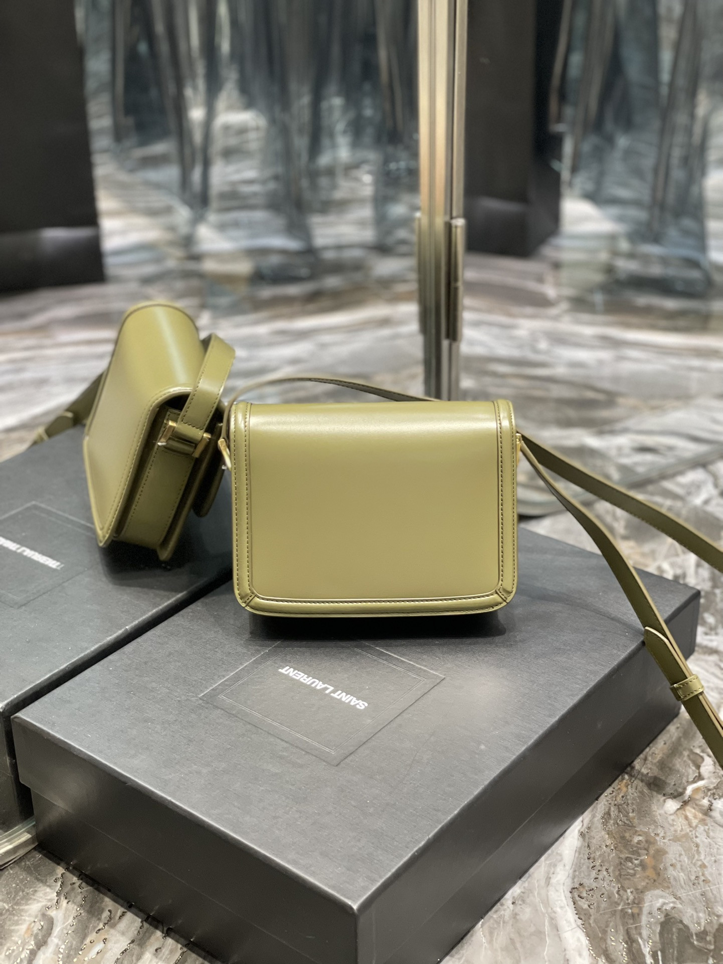y*l solferino small satchel in box Sa**t Lau*nt avocado green 7.4 x 5.1 x 1.9 inches