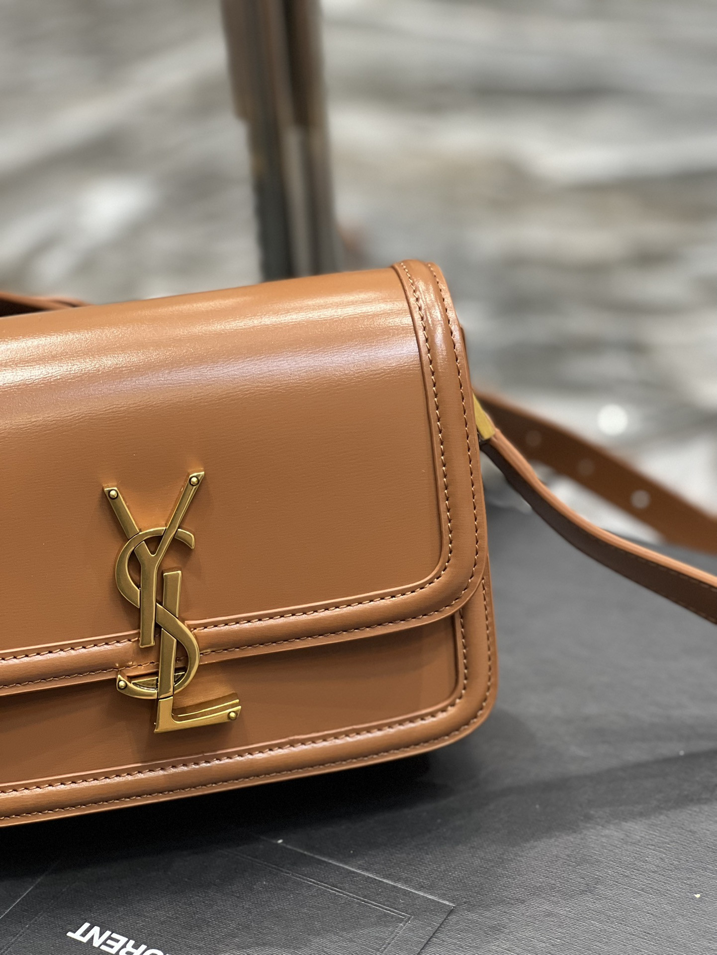 y*l solferino small satchel in box Sa**t Lau*nt brwon 7.4 x 5.1 x 1.9 inches