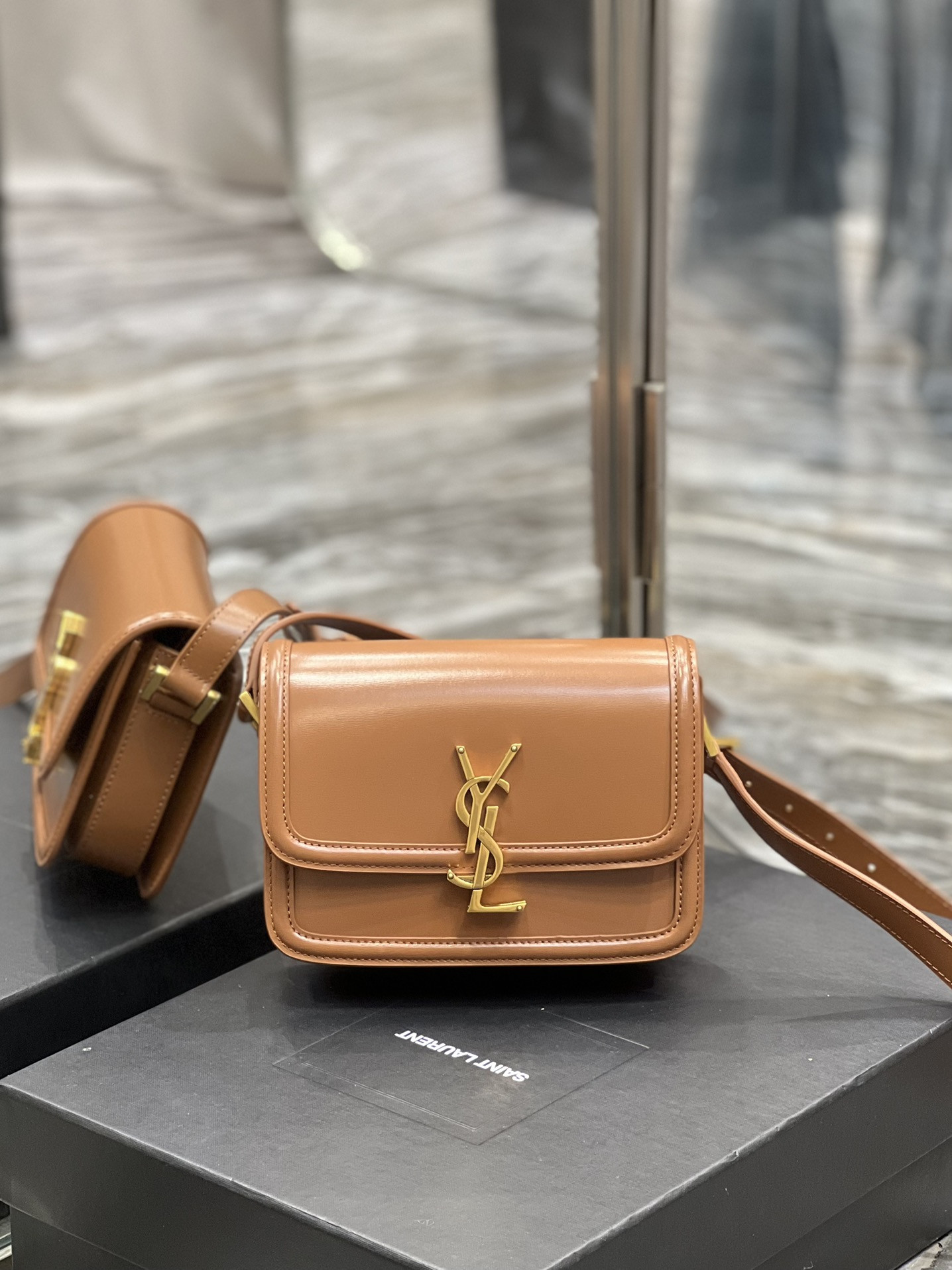 y*l solferino small satchel in box Sa**t Lau*nt brwon 7.4 x 5.1 x 1.9 inches