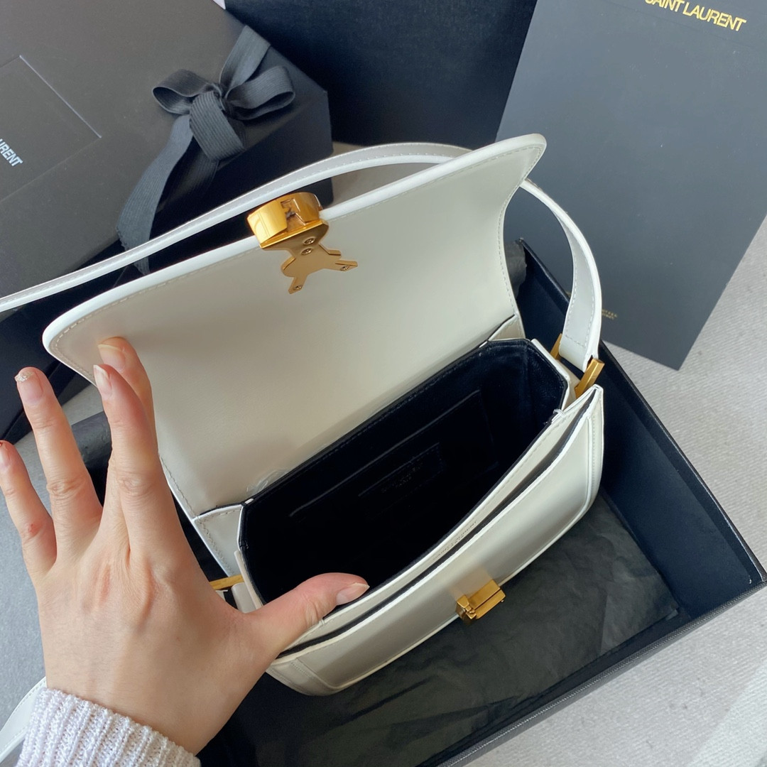 y*l solferino small satchel in box Sa**t Lau*nt blanc vintage 7.4 x 5.1 x 1.9 inches