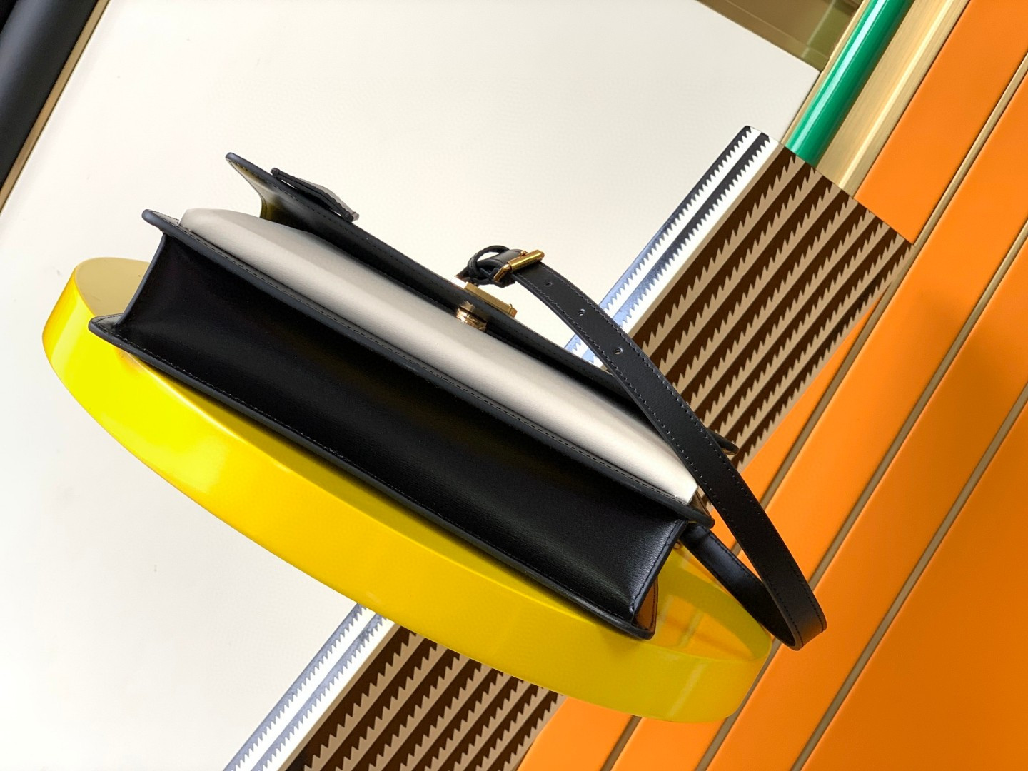 Y*L sunset large in smooth leather black white 10.6 x 7 x 3.1 inches