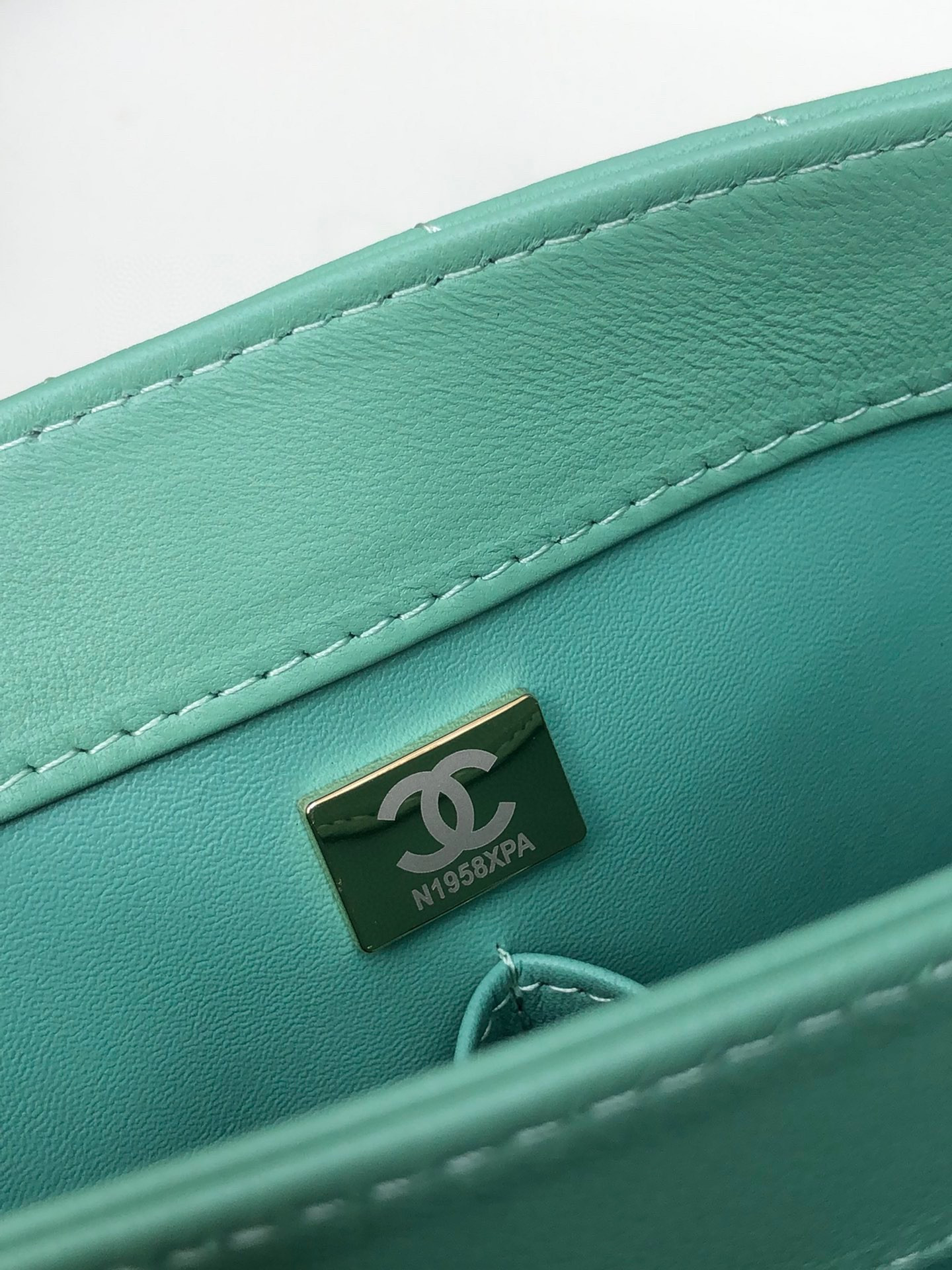 Ch*el flap bag with top handle blue 6.6 × 9.8 × 4.7 in