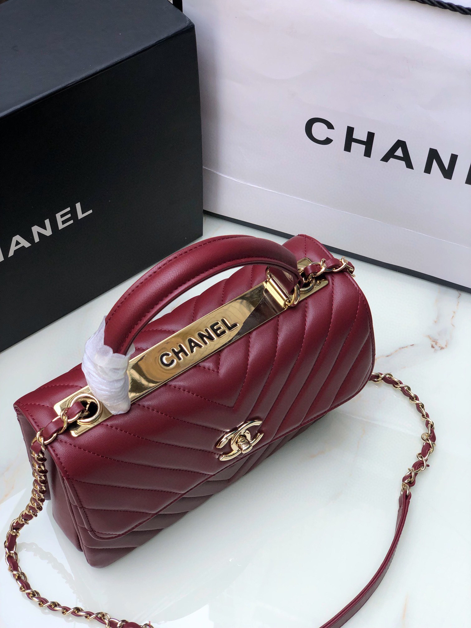 Ch*el flap bag with top handle red 6.6 × 9.8 × 4.7 in