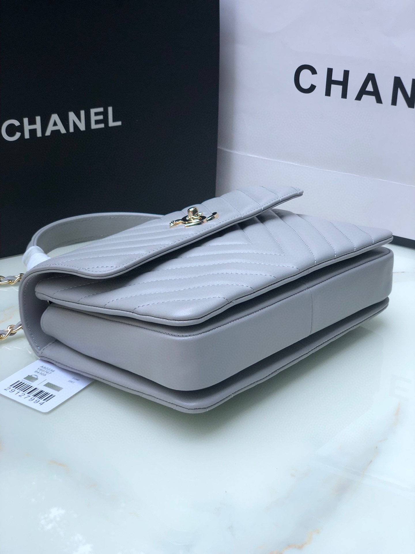 Ch*el flap bag with top handle gray 6.6 × 9.8 × 4.7 in