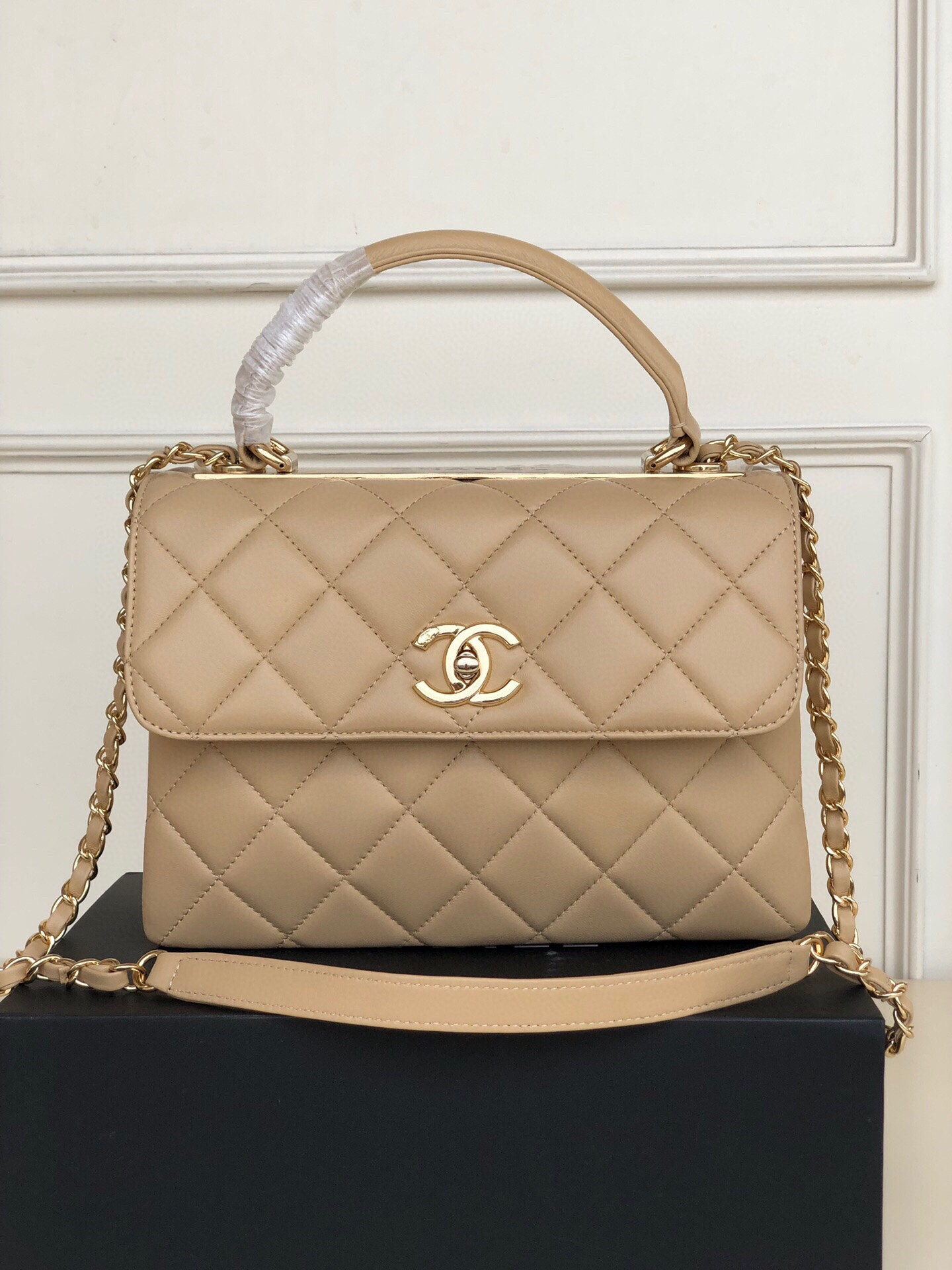 Ch*el flap bag with top handle 6.6 × 9.8 × 4.7 in