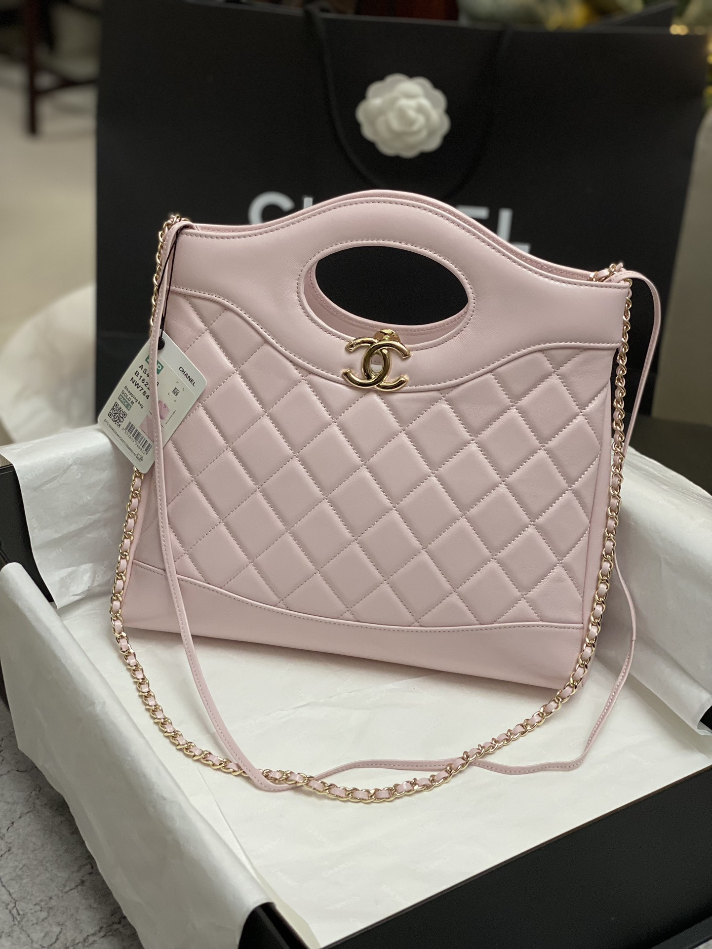 Ch*el shopping bag shiny lambskin & gold-tone metal 11.7 × 11.3 × 3.5 in