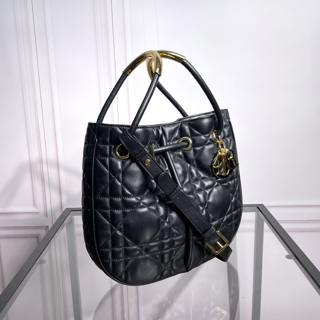 medium D*or nolita bag black macrocannage lambskin 10.5 x 10 x 2 inches