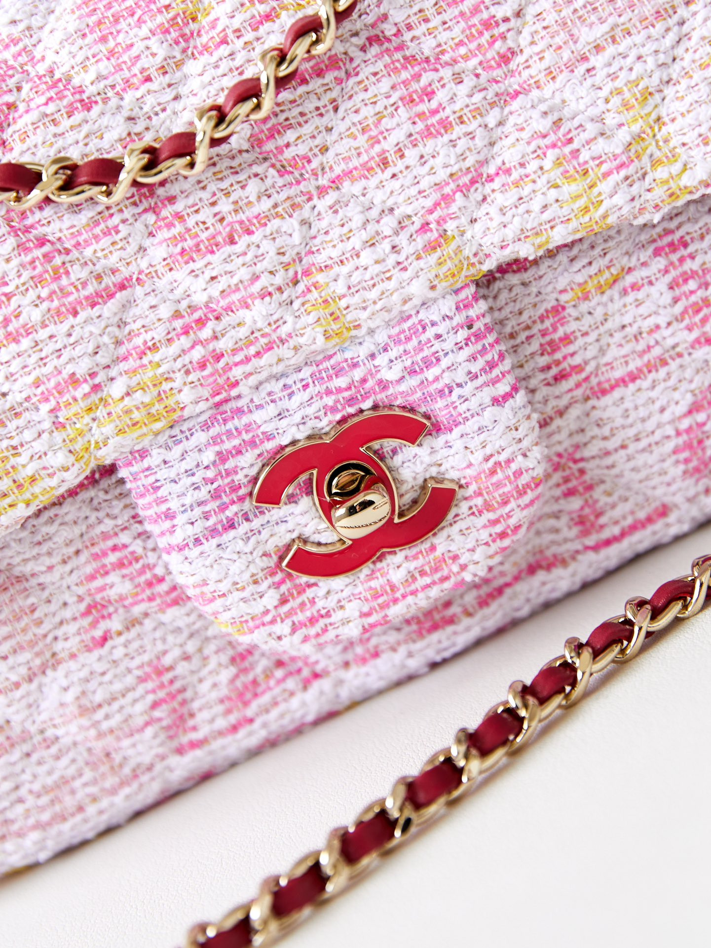 Ch*el quilted pink multicolor tweed mini rectangular flap bag 20×10×7cm